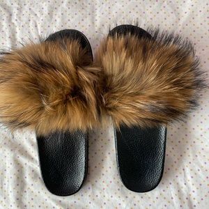 Fur Slides Natural Brown Size 10